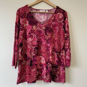 Susan Graver L Liquid Knit Top Pink Paisley Colorful Office Travel Boho